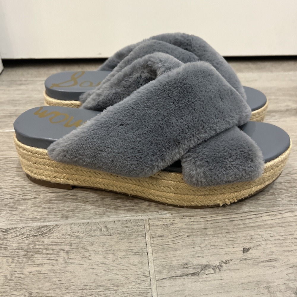 SAM EDELMAN Women's Zia Faux Fur Platform Espadrille Sandals Size 8.5 Gray Blue